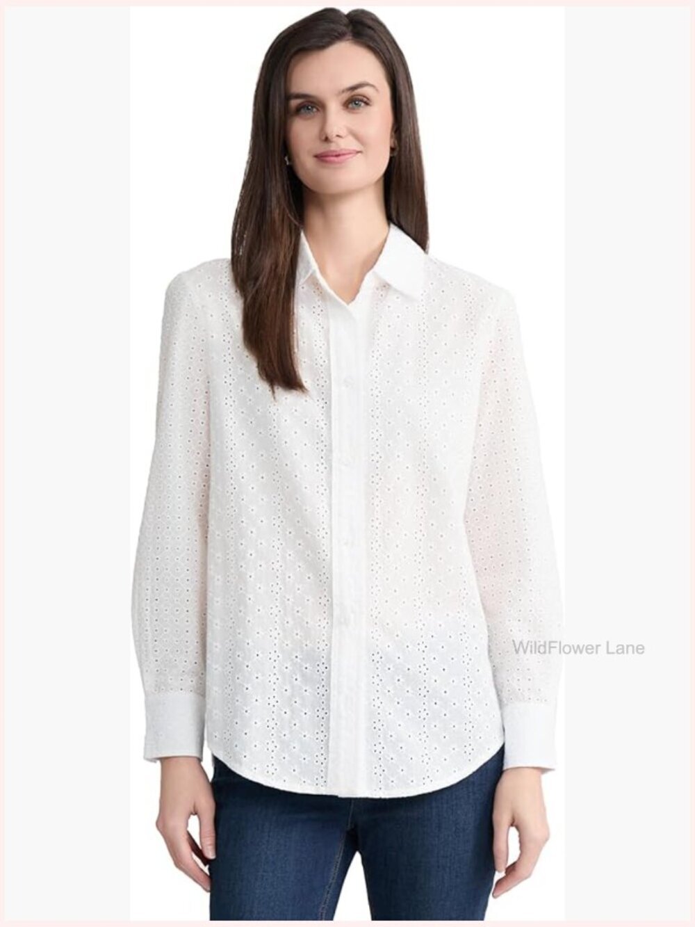 Cotton Eyelet Long Sleeve Button Front Top Regular Fit Crew Neck